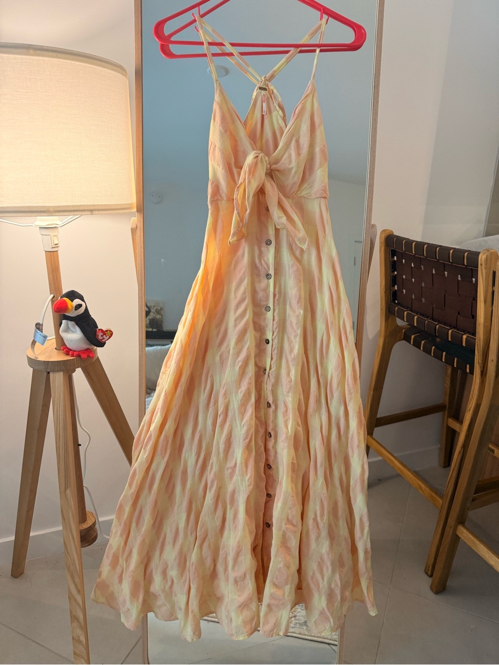 Free People Via Gingham Cotton Seersucker Sundress Peach Tie Front Midi Dress XS - Picture 6 of 10
